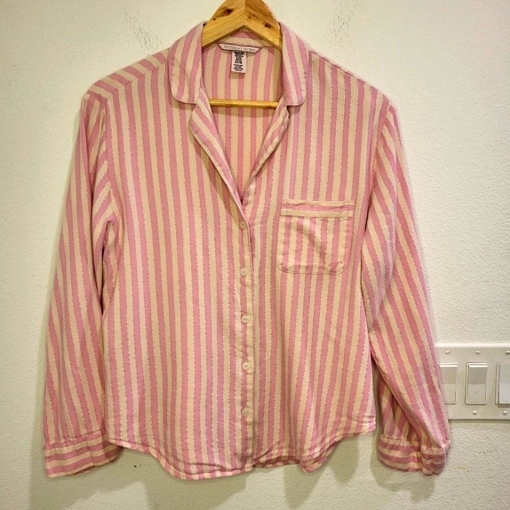 Victoria's Secret Pink Gold Pinstripe Pajama Top Button Up Blouse